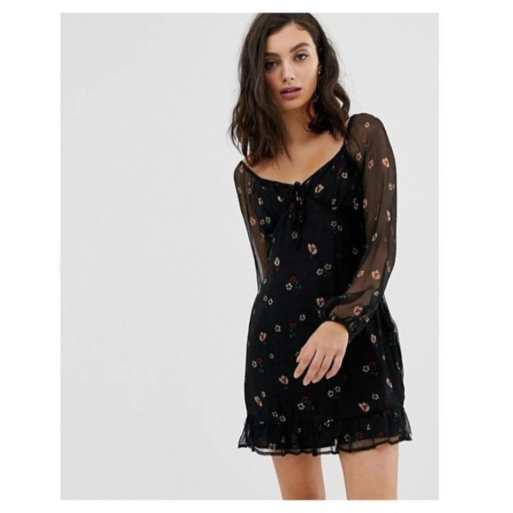 Rahi Black Floral Boho Mini Dress Medium Anthropologie